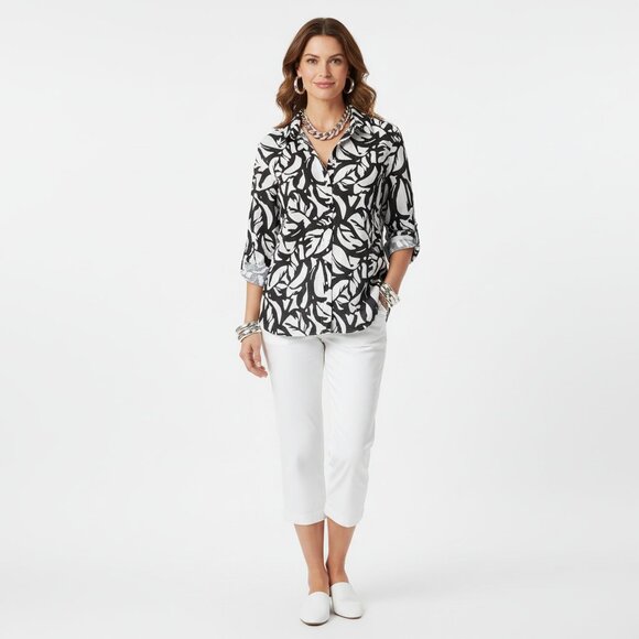 Chico’s 100% Linen Black & White Print 3/4 Sleeve Button Top Blouse .5 S - Picture 5 of 5